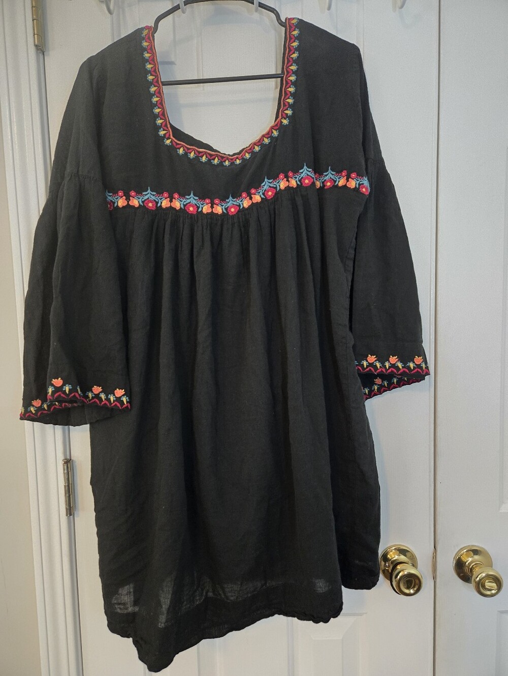 NATURAL LIFE Black Embroidered Bell Sleeve Peasant Dress Size XL